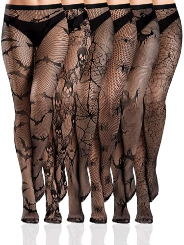 Ramede 6 Pairs Fishnet Stockings Women Lace Tights Patterned Thigh High Waist Goth Leggings Tight Pantyhose for Halloween(Horror,Bat Black,M)
