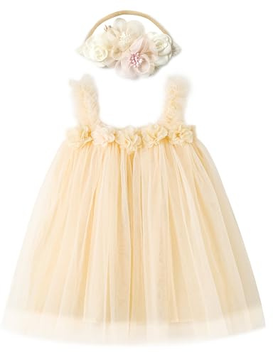 Miipat Baby flickklänning tyll småbarn flickor tutu prinsessklänningar med blompannband för bröllopsfest födelsedag festlig fotografering barnkläder, BEIgE, 2-3 år