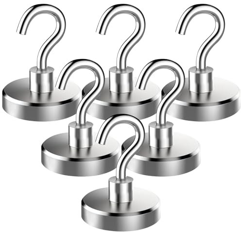DiiWmme 6 Pack Heavy Duty Magnetic Hooks, 30lb Strong Neodymium Magnet Hangars, for Kitchen, Fridge, Office, Camping, 20mm Silver Suspenders for Walls, Ceiling, Metal Surfaces