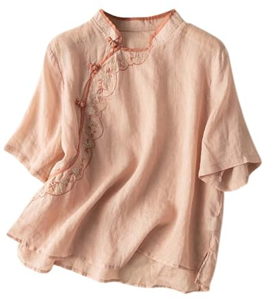 Top da donna, maniche a 3/4, in cotone e lino, con ricamo, stile vintage, maglietta cheongsam, Hanfu, tradizionale, cinese, tang, con bottoni e bottoni, elegante e oversize, A01 rosa., L