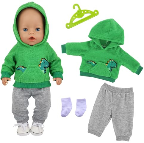 Xerteam 14-18 Inch Doll Clothes, 4 Pcs 35-45cm Baby Doll Clothes 43cm Doll Outfits, Green Dinosaur Sweater + Gray Pants + White Socks, Girl Doll Accessories, as a Gift to Little Girls