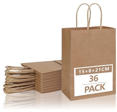 ELAKIRI Sacchetti Di Carta,36 Marrone Sacchetti Carta con Manici,Realizzati In Carta Kraft Da 120g/M²,Shopper Carta 15x8x21cm,Ecologici Riciclabili Buste Carta Kraft per Varie Feste Party Shopping