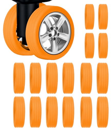 Molyorch 16 stycken silikonbagage hjulskydd, bagage rullskydd silikon fodral för de flesta 8 rullar bagage, bagagehjul minskar buller och stötdämpning (orange färg)