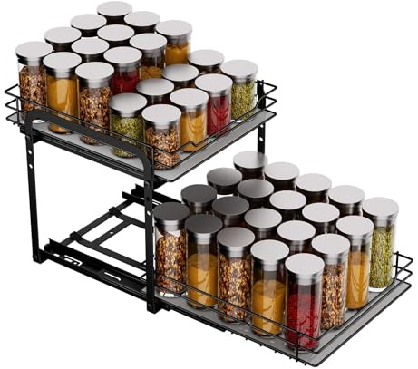 Organizador de Especias Deslizante de 2 Niveles en Acero Carbono Negro, Estante de Cocina para Gabinete y Encimera, Medidas 28 x 21 x 23 cm