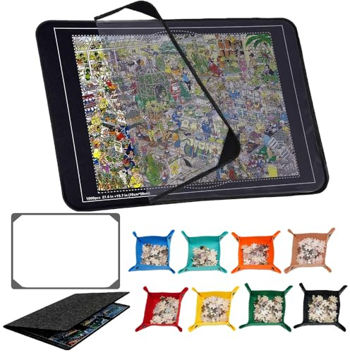 Jonuin Jigsaw Puzzle Board, 31 x 22in Jigsaw Board for 500/1000 Pieces, Foldable Puzzle Mats with Dustproof Cover & 8 Puzzle Sorting Trays, Non-Slip Puzzle Board for Easy Move and Store (Black)