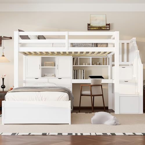 Dolamaní Letto a castello grande in legno per 2 persone, 90 x 200 cm, letto a castello con scrivania e scale integrate, vano portaoggetti e scaffali, rete a doghe, senza materasso (bianco)