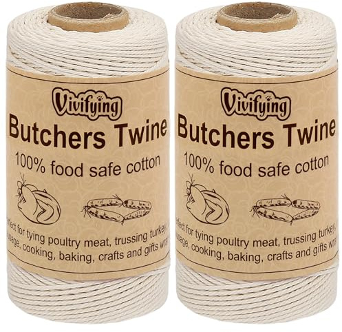 Vivifying Butchers Twine, 2pcs x 328 Feet 3Ply Cotton Bakers Twine, Food Safe Cooking String for Tying Meat, Making Sausage, Trussing Turkey, Roasting and Packing (Beige)