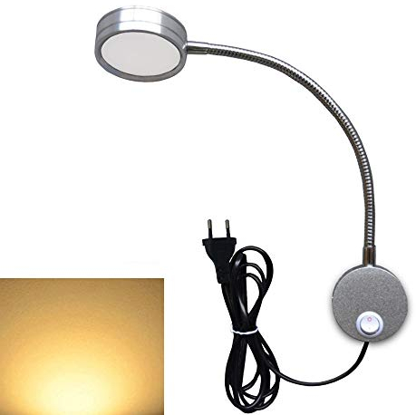 Youngine Lámpara de lectura 5W con enchufe e interruptor de encendido/apagado, Cuello de cisne flexible Luz de lectura LED de cabecera Lámpara de pared de dormitorio, 3000K (Plata - Blanco cálido)