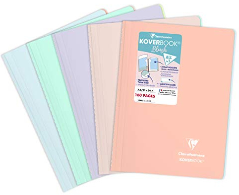 Clairefontaine 376781C Set of 5 Spiral Notebooks Koverbook Blush - A4 21x29,7 cm - 160 Ruled Pages - White Paper 90 g - Opaque Polypro Cover - Random Colours
