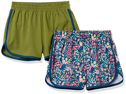 Amazon Essentials Girls' Active Running Shorts, Pack of 2, Olive Floral, 9 Years