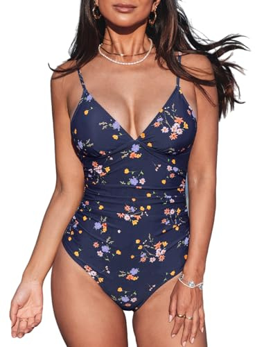 CUPSHE Women Swimsuit One Piece V Neck Tummy Control Ruched Front Low Back Bathing Suit Swimwear Navy Floral L