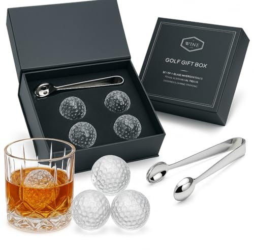The Wine Savant Golf Ball Whiskey Coolers - Pack of 5 Men's Gift Set; Golfer's Chill Stones, Reusable Cooling Balls; Includes 4 Chilling Stones Ideal Golf-Themed for Men + Metallic Tongs & Box