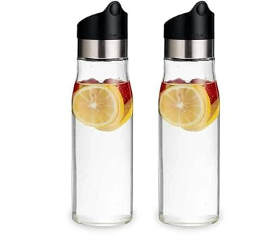 J&M DESIGN 2-Pack 28 OZ Glass Pitcher With Lid Water Carafe Easy Twist Stainless Steel & Plastic Lid w/Removeable Strainer Juice Beverage Iced Tea Ice Coffee Milk Dishwasher Safe Container Bottle Jar