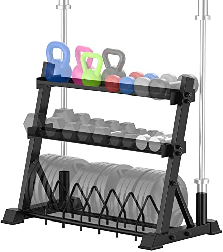 JX FITNESS 3-Tier Dumbbell Rack Multifunctional Weight Storage Weight Organizer for Home Gym Fit for Dumbbells, Kettle dumbbells, Weight Plates, Olympic Bar and Curl Bar