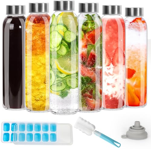 HYCKee 6 Pack 500ml Glass Water Bottles With Airtight, Leakproof Metal Lids, 18oz Empty Clear Juice Bottles with Clean Brush for, Water, Kombucha, Wine, Beer Brewing, Smoothies, Milk