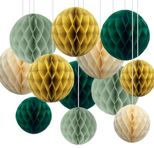 CC wonderland zone 12pcs Sage Green and Gold Paper Honeycomb Balls,6 & 10 Hanging Tissue Pom poms for Birthday Party Decoration