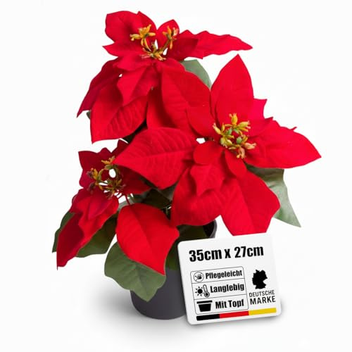 künstliche Poinsettia (Weihnachtsstern) rot mit 3 Blüten im schwarzen Kunststofftopf, Höhe ca. 35 cm – die Kunstblume Poinsettie sorgt zwischen Weihnachtsdekorationen für festliche Stimmung