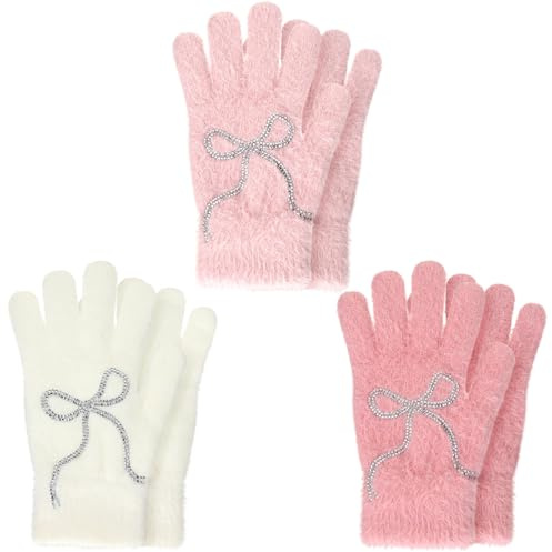 Cutecrop 3 Pairs Fuzzy Winter Gloves with Bow,Pink, White, Light Pink