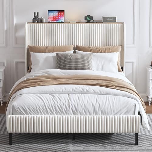 okwish Lit Double 140x200 cm - Lit Rembourré avec LED et USB Type-C - Cadre Métal avec Sommier à Lattes, Tissu Côtelé, Beige, sans Matelas