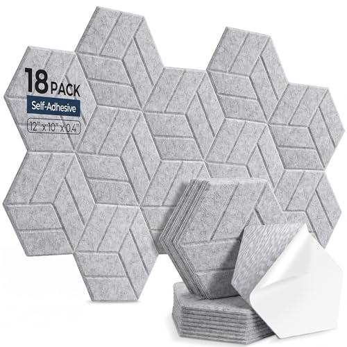 AUSLET 18 Pack Hexagon Acoustic Panels Self-Adhesive, 30x26x0.9cm High Density Sound Absorbing Panels for Walls, Soundproofing Foam Panels for Studio, Home Office, Gaming Room, Recording Room（Grey）