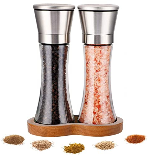 LessMo Salt and Pepper Grinder Set, Premium Stainless Steel Salt & Pepper Mill withAdjustable Coarsenes & Wooden Standing Tray, Stainless Steel Refillable Salt & Peppercorn Shakers