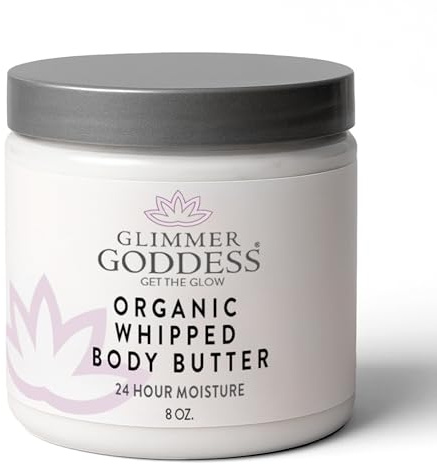 Glimmer Goddess Organic Whipped Body Butter for Women - Moisturizer Cream with Shea & Cocoa Butter, Almonds & Coconut Oil - Unscented, 8oz