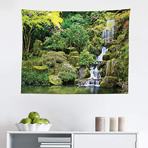 Ambesonne Garden Tapestry, Pond in Style Garden Arboretum Trees Bush Foliage Rocks Waterscape Picture, Fabric Wall Hanging Decor for Bedroom Living Room Dorm, 28 X 23, Green White