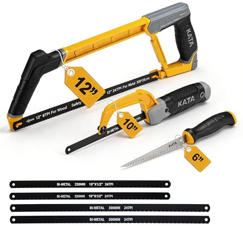 KATA Heavy Duty Hacksaw Frame Set, 12 Hack saw, 10 Mini Hacksaw and 6 Drywall Saw/Jab Saw, Extra 4pc Flexible Bi-Metal HSS Blades, Multi-purpose Handsaws Cutting for Metal, Wood, PVC Pipes