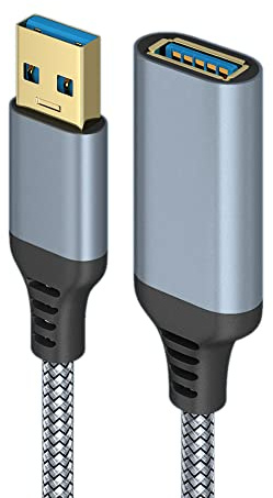 HCTian USB 3.0-förlängningskabel, 5 m USB 3.0 hane till hona förlängningskabel A, 5 Gbit/s, flätad nylon, kompatibel med USB-minne, USB-hubb, extern hårddisk, webbkamera, skrivare, grå