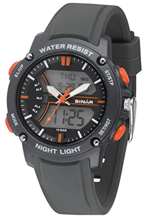 SINAR Orologio da polso per ragazzi, analogico, digitale, al quarzo, 10 bar, con 5 allarmi, luce EL e cinturino in silicone, colore: antracite, arancione, XW-27-9, grigio., Sportivo
