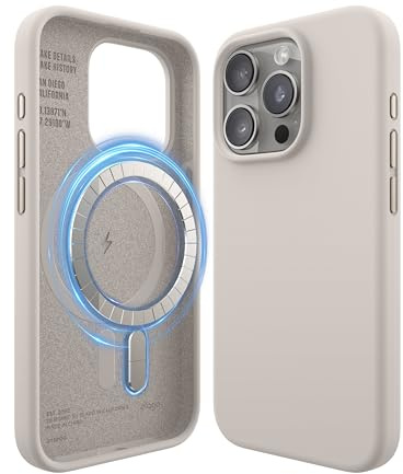 elago Magnetic Silicone Case Compatible with iPhone 15 Pro Case, Compatible with MagSafe All Accessories, Built-in Magnets, Premium Silicone, Full Body Protective Cover [5 Layer Structure] (Stone)