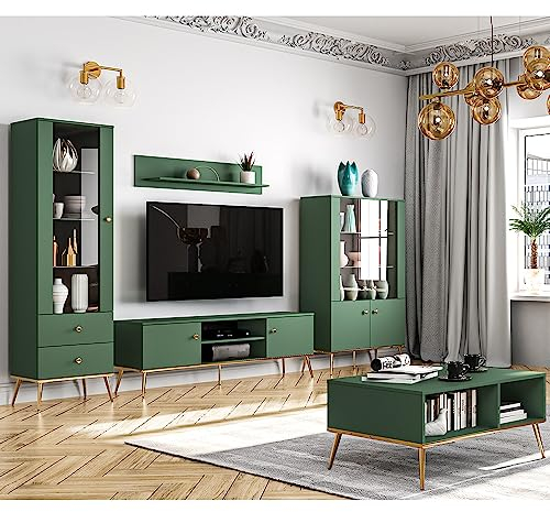 Wohnwand Wohnzimmermöbel grün 5-teilig Modern, 1 Vitrine, 1 Highboard, 1 Lowboard, 1 Couchtisch, 1 Wandboard inkl. LED-Beleuchtung