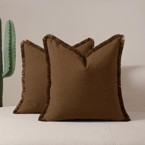 Tennove Cushion Covers 45x45cm Set of 2 Decorative Boho Throw Pillow Case with Fringe Tassels Washed Cotton Linen Soft Farmhouse Pillow Cover for Home Sofa Bed Room,Caramel Brown