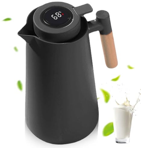 Thermoskanne 1L, Tee Thermoskanne mit Temperaturanzeige, Kaffeekanne Thermo mit Holzgriff, Isolierkanne mit Einfachem Sicherheitstaster, Teekanne Thermo, Thermosflasche Für Home Office Hotel, Schwarz