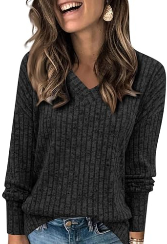 Singular-Point Pulls Femme Col en V Manches Longues Sweatshirts Pulls, Gilets et Sweats Femme Chic et Elegant Pull Femme Long Décontractés Top Léger et Lâche Classique Pull Noir Femme M,fa09a