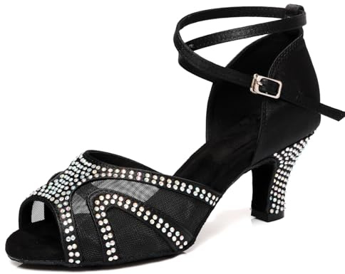 ZYXWVU Latin Dansskor Kvinnor Strass Tango Bachata Bachata Bröllop Fest, Svart 6 cm, 38 EU