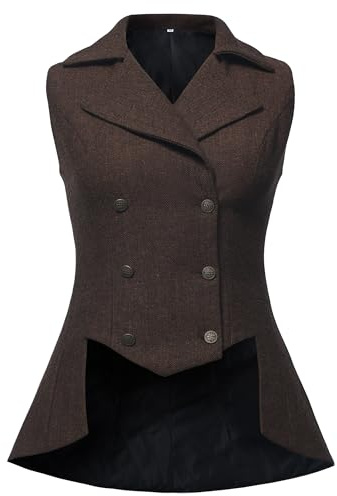 UniqKaliber Femmes Veste victorienne, tenue des années 1920, manteau en tweed Renaissance gothique Steampunk Gilet Veste Top, marron, L