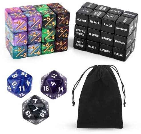 BOXOB 51st Abilities Nyckelord Counter Dice, MTG Creature Stats Buff D20 Lojalitetstärningspoletter Magic Life Counter Presenter för TCG RPG Kortspelstillbehör med Sammetsväska (4 Färger)
