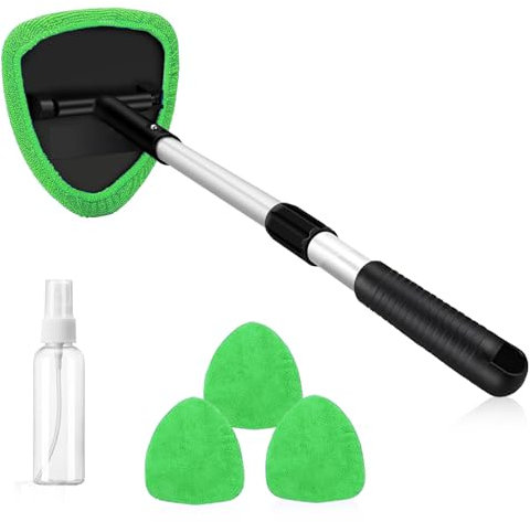 Pedicur Car Windscreen Cleaner with 4 Reusable Microfiber Pads & Detachable Handle, Auto Glass Wiper Kit for Inside Windshield Cleaning （Green）