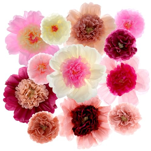 QWORK® 12 pompones de papel de seda variados - Decoraciones grandes y coloridas para fiestas, flores gigantes de seda hechas a mano para celebraciones