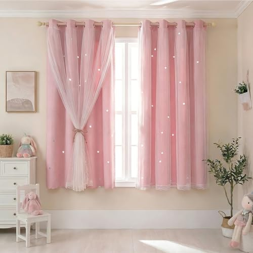 NAKIHOUSE Blackout Curtains with Net,2 Panels Eyelet Curtains for Kids Nursery Bedroom Living Room,52 x 54 Inch Thermal Insulated Curtain & Drapes,Pink