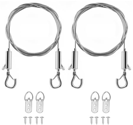 Cavo per appendere foto regolabile, spessore 1,5 mm, lunghezza 2 m, in acciaio inox, con occhielli per appendere quadri, cornici e lampade (confezione da 2)