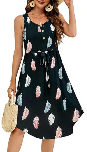 Vossmi Vestido Playa Casual para Mujer Vestidos Sin Mangas con Cordon Midi Vestido Elegante Cintura Alta Informal Dress A-Line U Cuello Verano Hojas Negras,S