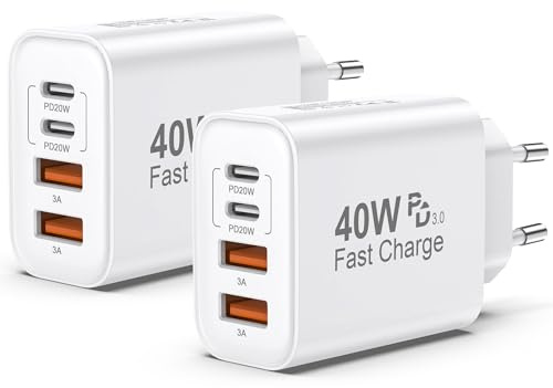 Caricatore USB C 2 Pack,40W 4-Porte Multiplo USB C & USB-A Rapido PD & QC3.0, Caricatore iPhone Alimentatore Presa USB Caricabatterie Spinotto per IPhone 17/16/15/14/13/12 Pro Max,Per iPad,Per Samsung