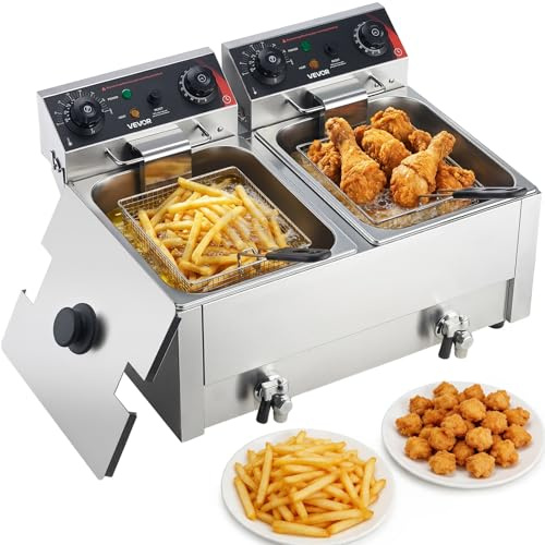 VEVOR Commercial Deep Fryer, Stainless Steel Countertop Fryer with Baskets & Lids, Temp Control, Overheat Protection, for Commercial Restaurant, Double Fryer with Oil Filtration-19 Qt
