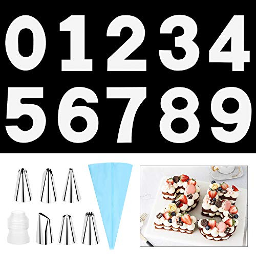 SelfTek Stampo Torta Numero, 9 Pezzi Stencil per Dolci 0 a 8, Stencil per Torte 35.5cm, con 6 Punte per Glassa, Stencil Numerico DIY per Matrimoni, Compleanni, Anniversari
