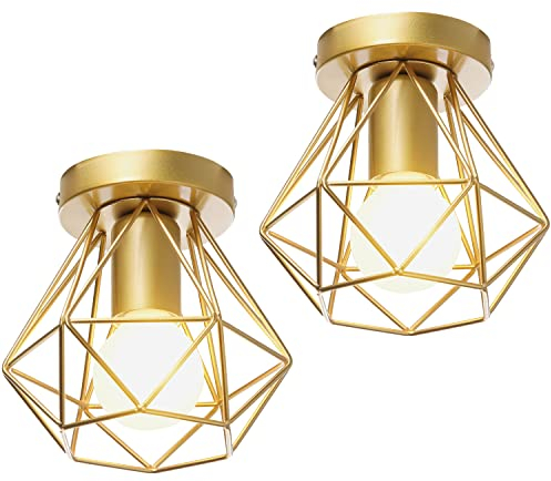 iDEGU Lot de 2 Plafonnier Industriel Vintage Lustre Suspension E27 Rétro Luminaire Design Cage Fer Lampe de Plafond pour Couloir Salon Cuisine Chambre, Ø16cm (Cage A, Doré)