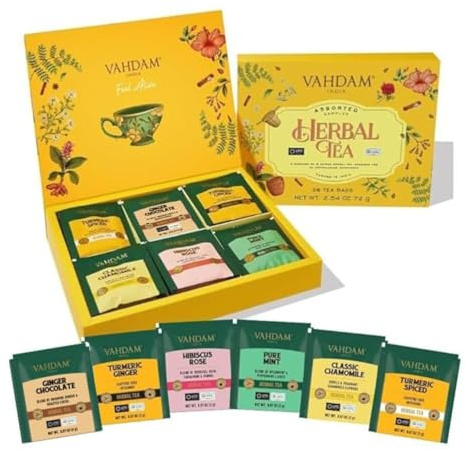 VAHDAM, Assorted Herbal Tea Variety Pack (6 Variants, 36 Tea Bags) Caffeine Free, Gluten Free, Non GMO | Eco Friendly Long Leaf Pyramid Tea Bags I Tea Gift Set for Men and Women