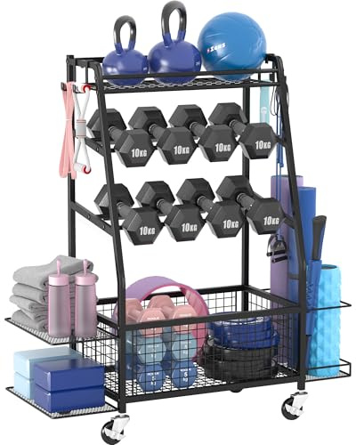 Staransun Dumbbell Rack Stand - Weight Rack for Dumbbells - Home Gym Storage Rack with 4 Flexible Wheels - Weight Rack for Home Gym with Side Storage and Hooks