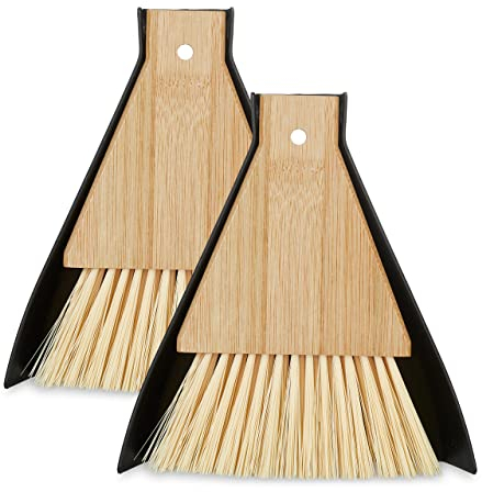 Relaxdays Tischkehrset, 2 Stück, Tischbesen & Kehrschaufel, Handfeger für Küche & Camping, zum Aufhängen, schwarz/natur